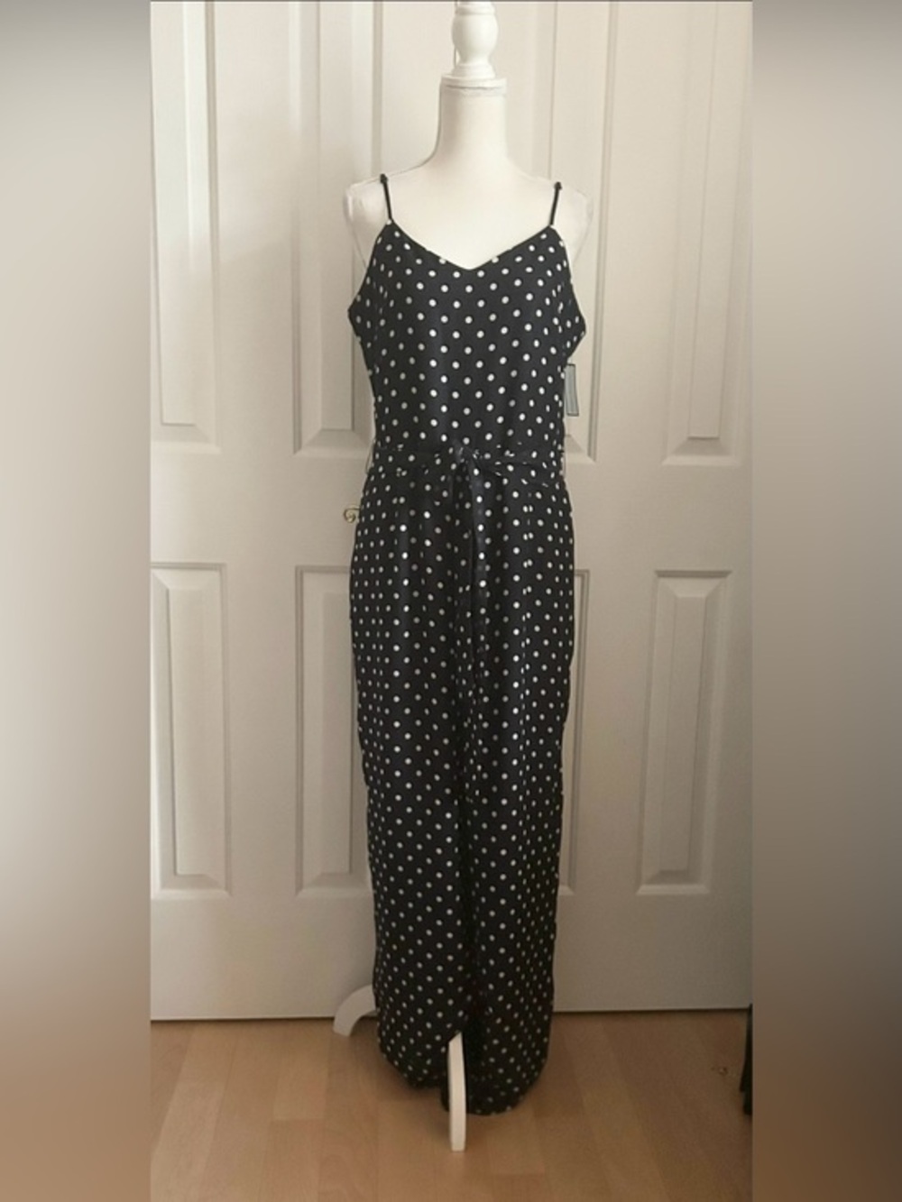 NWT DEBBIE SHUCHAT Polka Dot Spaghetti-Strap Wide-Leg Jumpsuit, Navy & White, 10